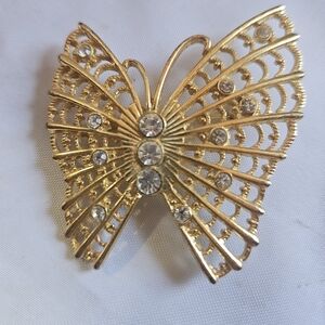 Vintage Gold Tone Butterfly Brooch with Rhinestones